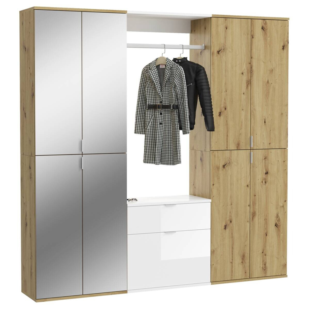 Garderobe PROJEKT Eiche Artisan Nachbildung weiß Hochglanz Spiegel B/H/T: ca. 183x193x34 cm