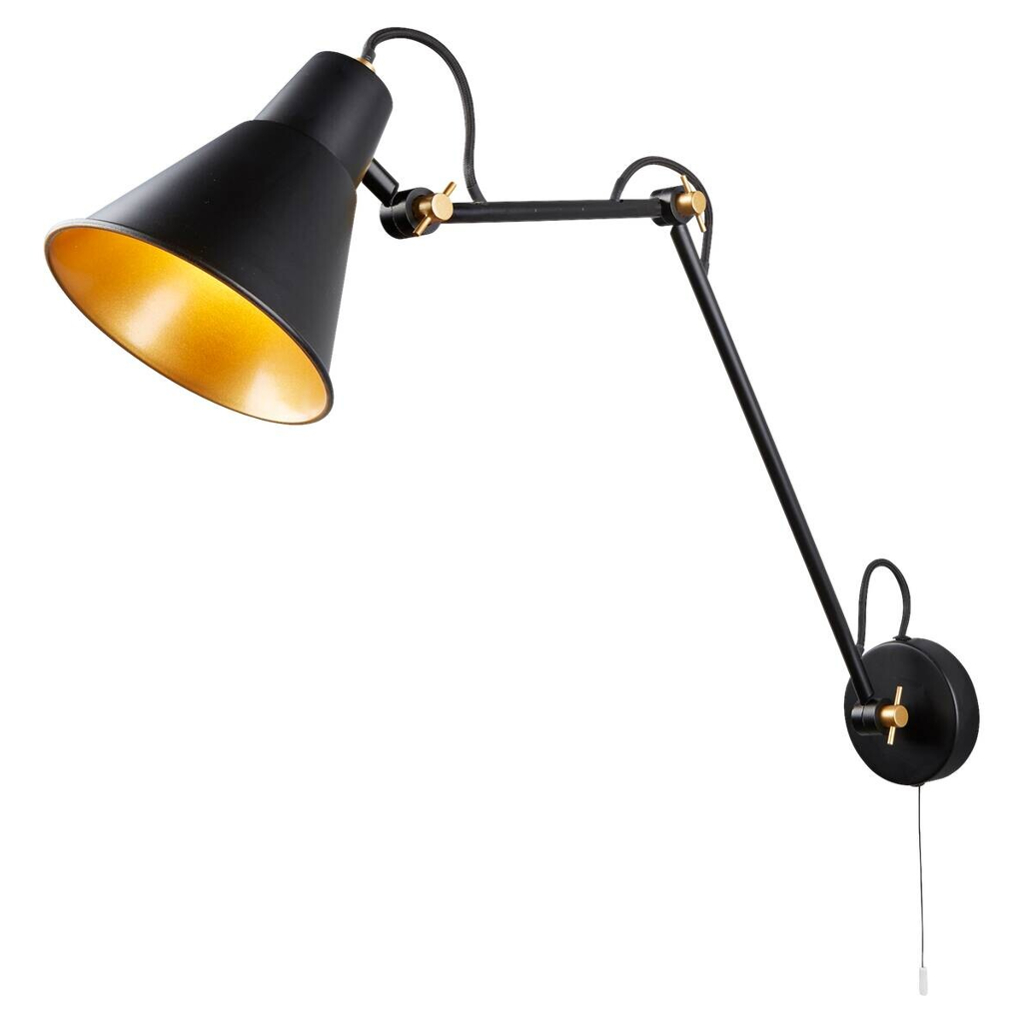 Searchlight Wandleuchte Swing Arm gold schwarz Stahl B/H/T: ca. 14x58x5 cm E27 1 Brennstellen