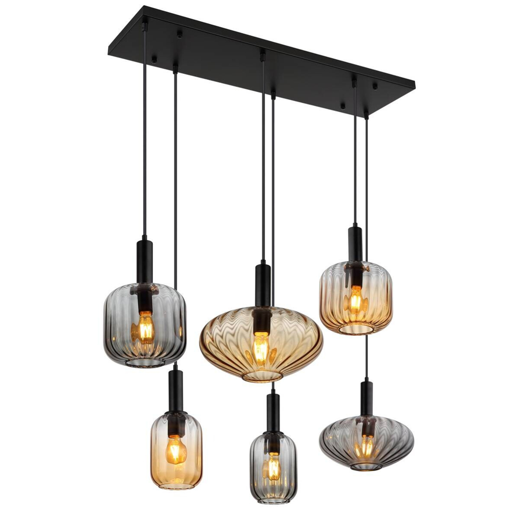 GLOBO Pendelleuchte schwarz Rauch amber Metall Glas PVC B/H/L: ca. 47x150x100 cm E27 6 Brennstellen