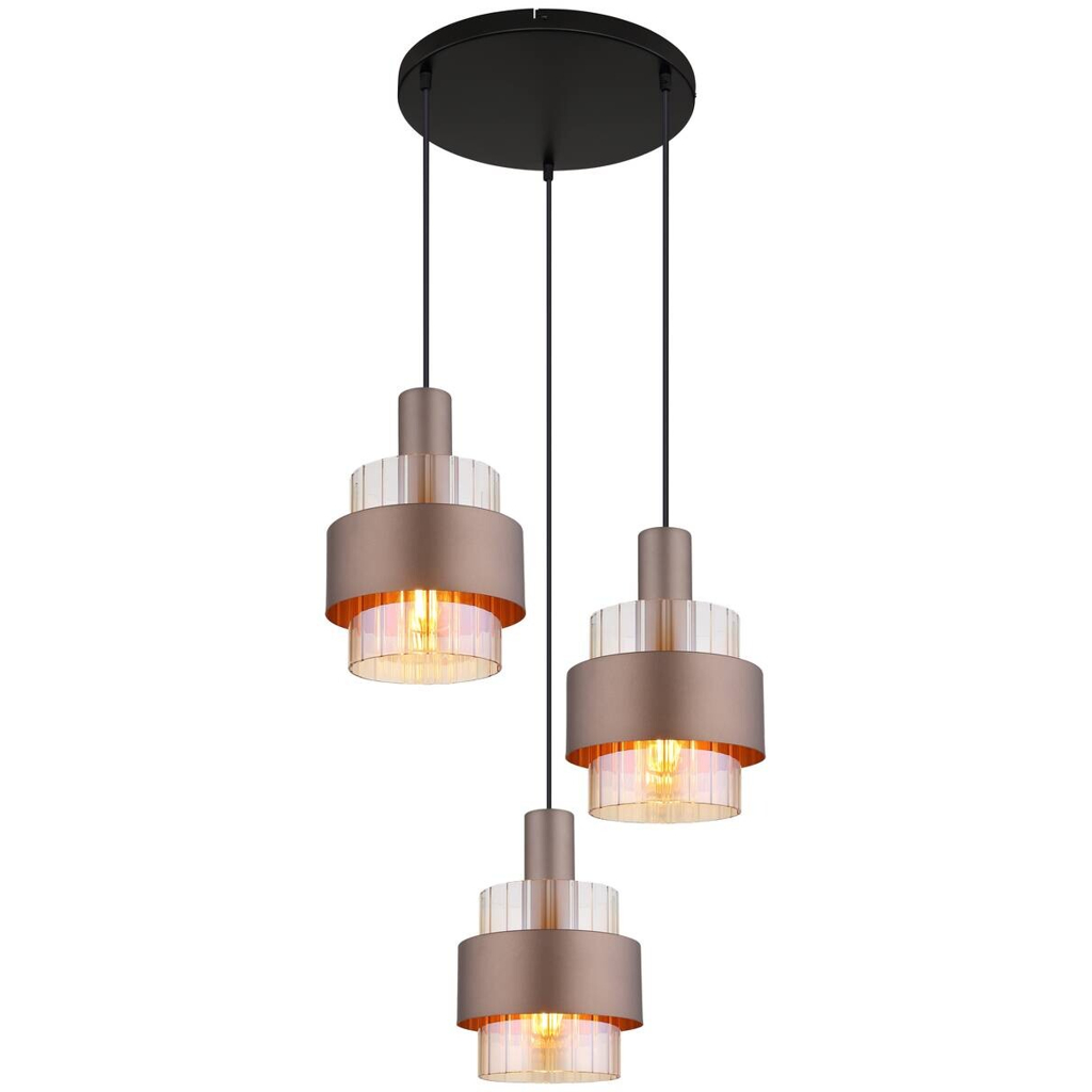 GLOBO Pendelleuchte amber schwarz Glas Metall H/D: ca. 150x45 cm E27 3 Brennstellen