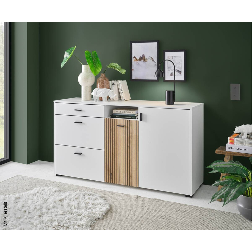 Sideboard Hudson weiß matt Eiche Evoke Coast Nachbildung B/H/T: ca. 150x22x21 cm