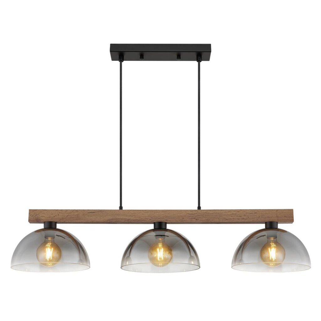 GLOBO Hängeleuchte dunkelbraun mattschwarz Rauch Holz Metall Glas B/H/L: ca. 30x120x114 cm E27 3 Brennstellen