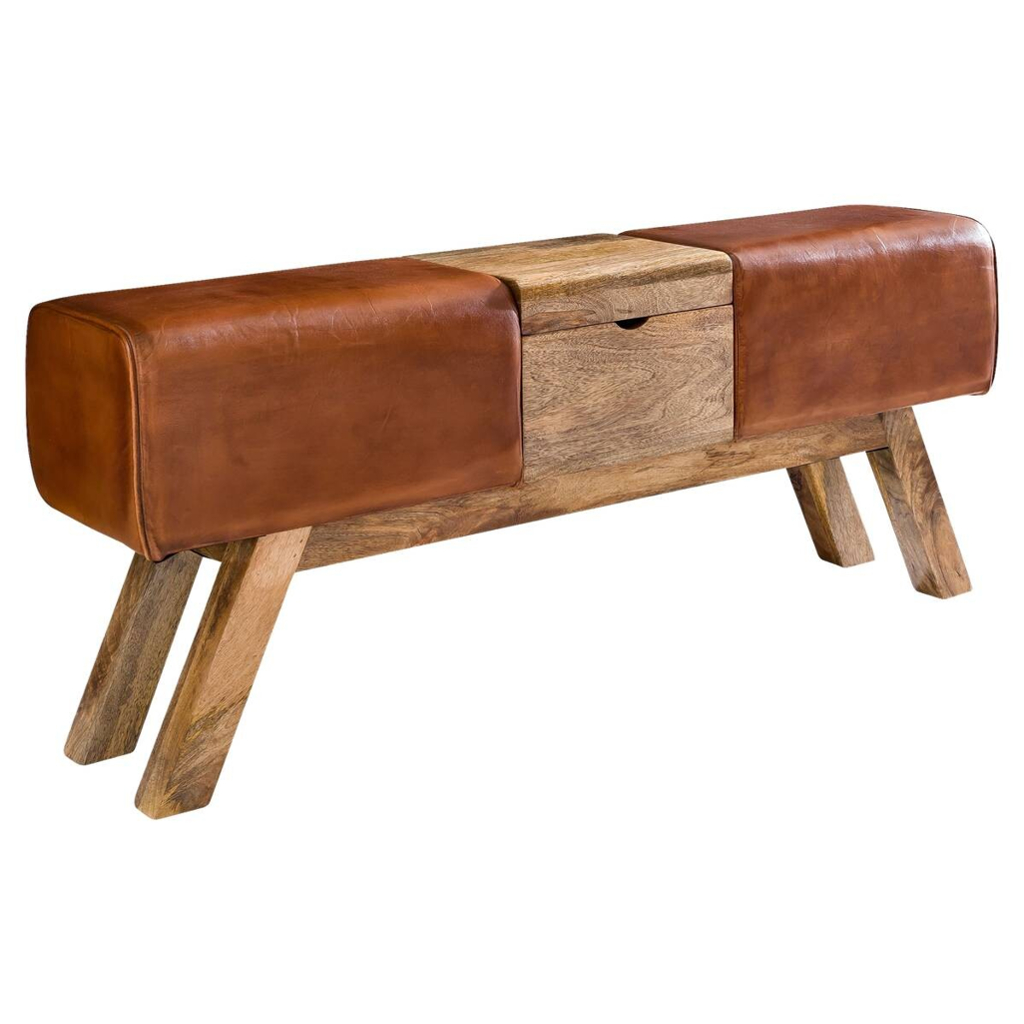 Wohnling Sitzbank braun natur Leder Echtholz B/H/T: ca. 120x53x29 cm