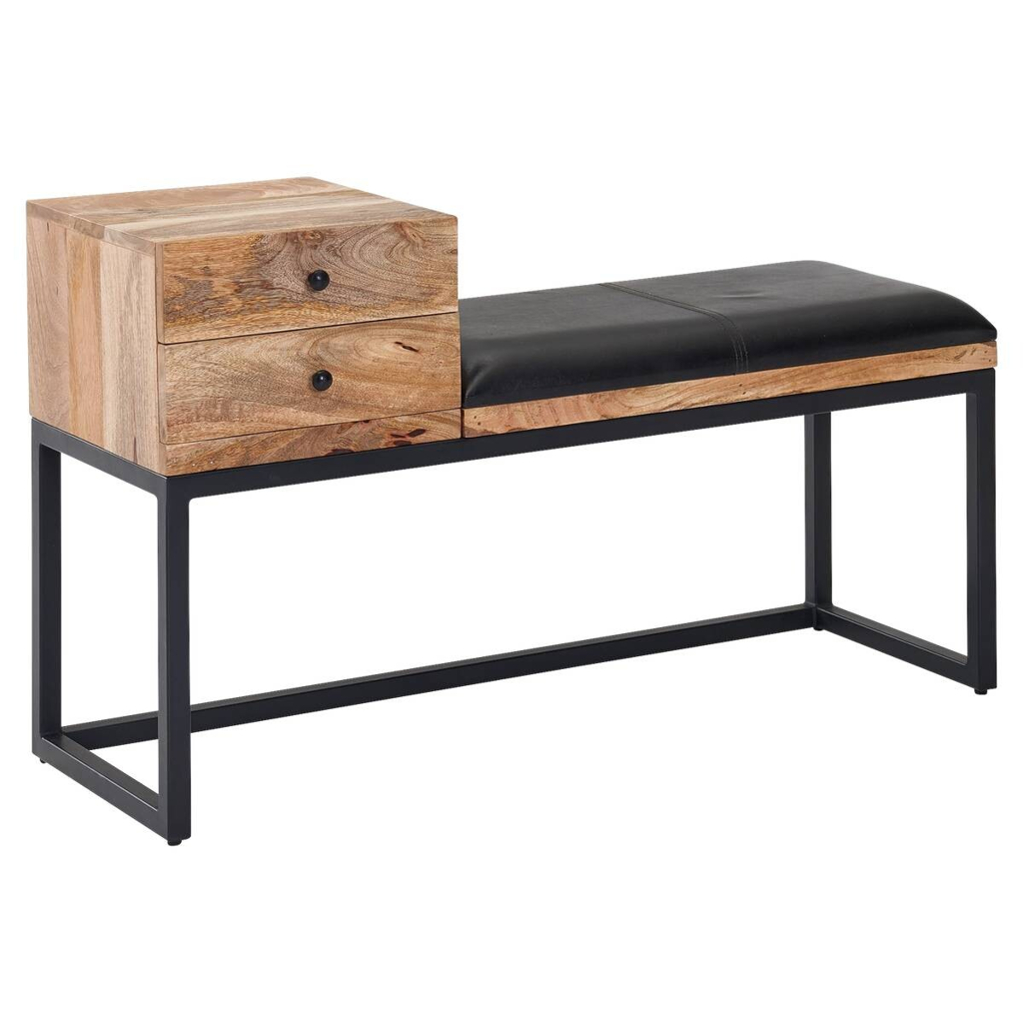 Wohnling Sitzbank natur schwarz schwarz Echtholz Leder Eisen B/H/T: ca. 100x60x35 cm