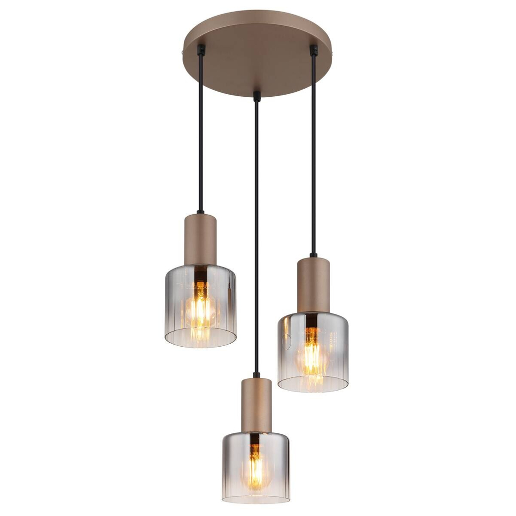GLOBO Pendelleuchte Walton 3 kaffee Rauch klar Metall Glas H/D: ca. 150x28 cm E27 3 Brennstellen