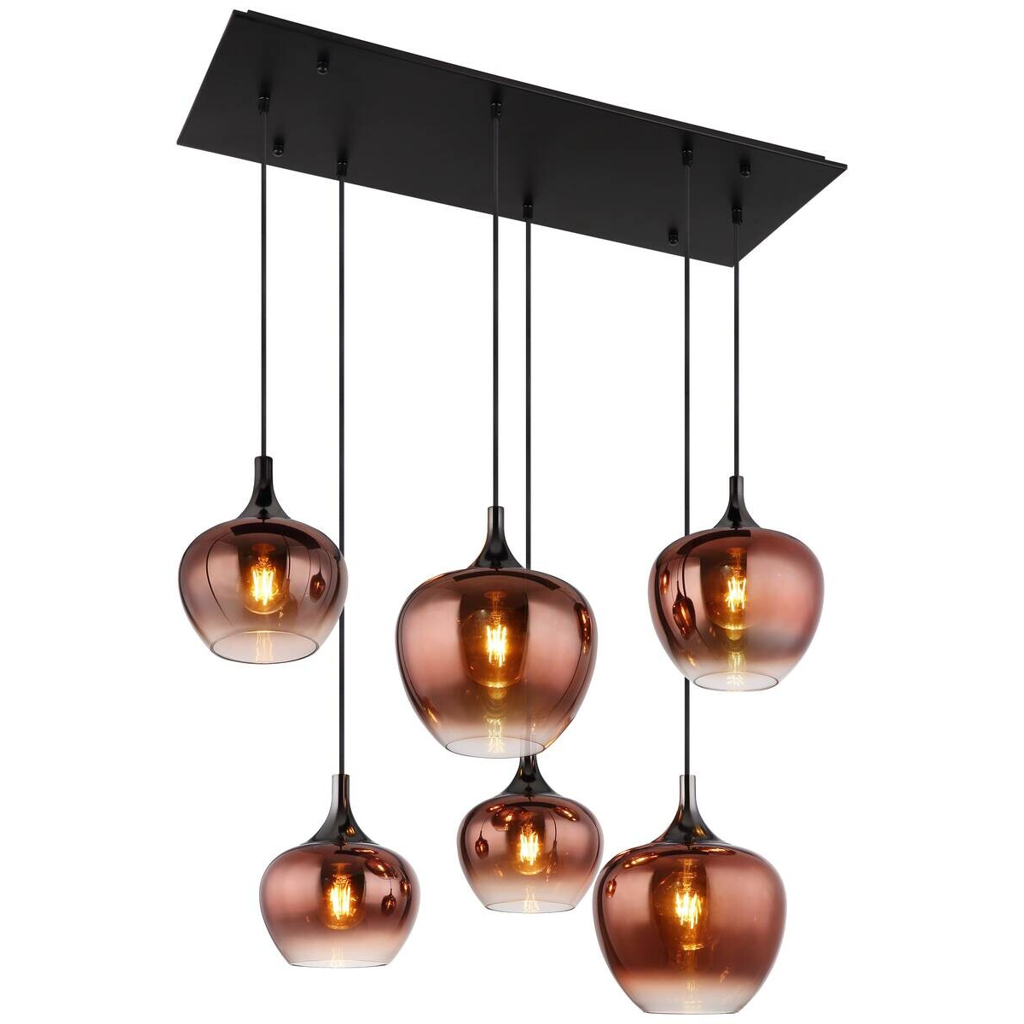 GLOBO Pendelleuchte MAXY schwarz Kupfer Glas Metall B/H/T: ca. 42x120x86 cm E27 6 Brennstellen
