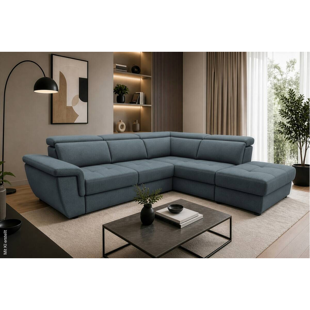 Ecksofa mit Bettfunktion und Bettkasten blaugrau Flachgewebe B/H/T: ca. 267x75x238 cm