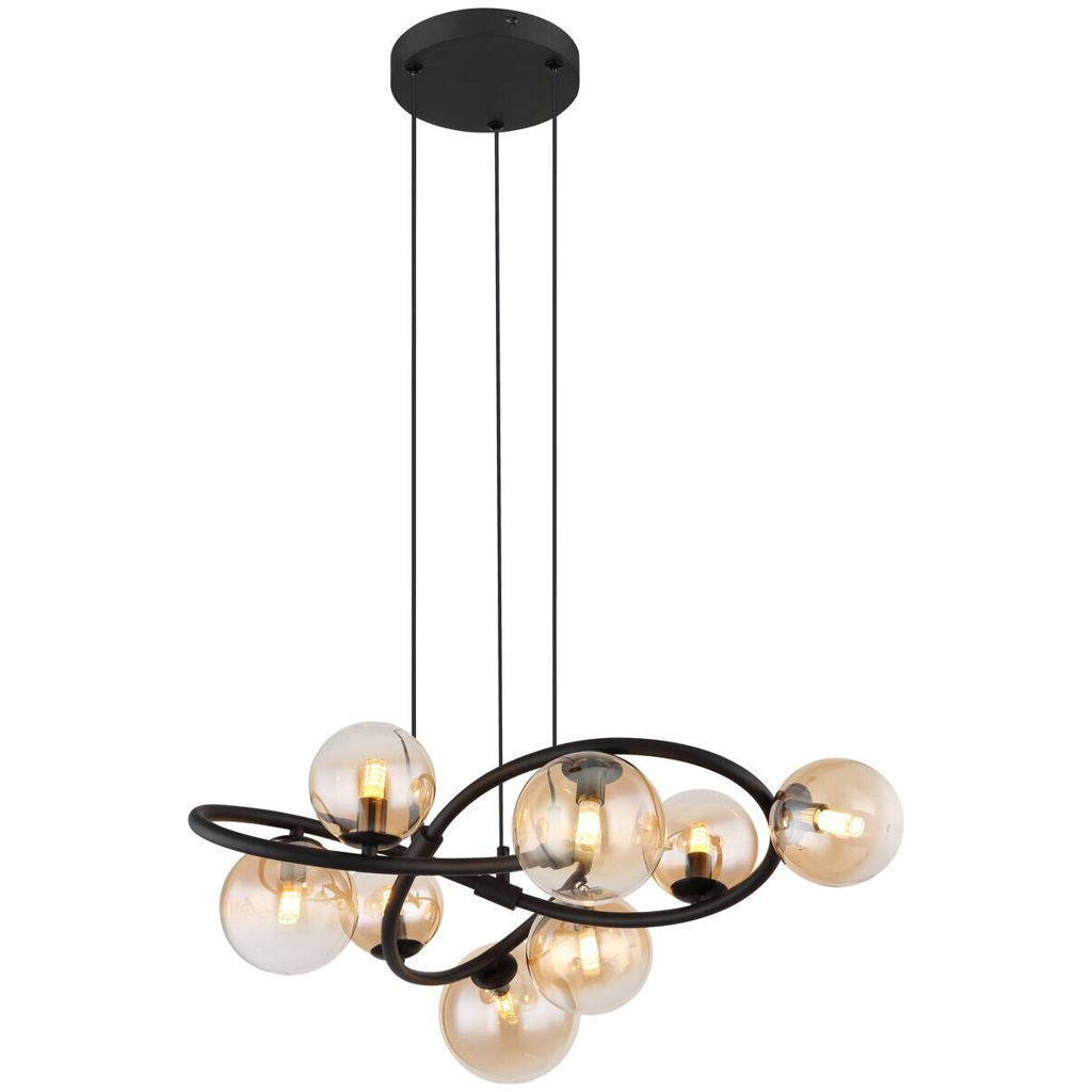 GLOBO LED-Pendelleuchte 10676 mattschwarz amber Metall Glas H/D: ca. 120x65 cm 8 Brennstellen