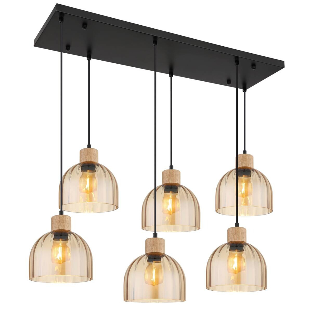 GLOBO Pendelleuchte amber schwarz Glas Metall B/H/T: ca. 36x130x105 cm E27 6 Brennstellen