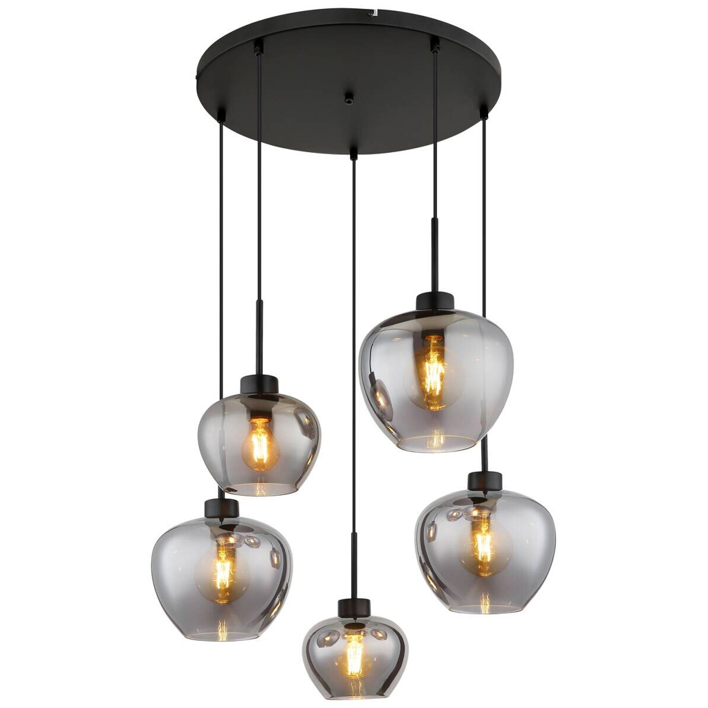 GLOBO Pendelleuchte Matt schwarz Metall Glas H/D: ca. 120x70 cm E27 5 Brennstellen