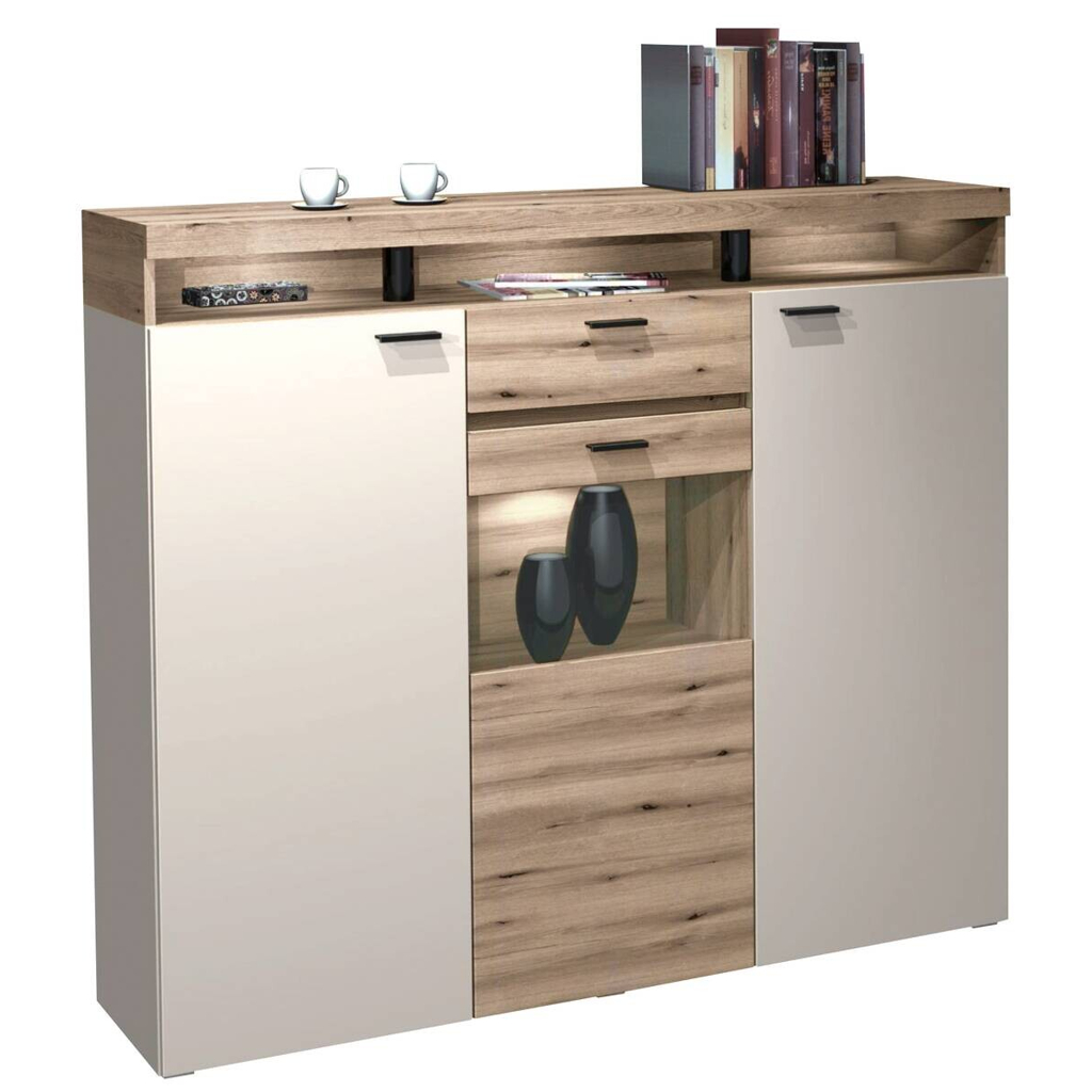 Highboard Strada weiß Eiche Viking Optik Spanplatte B/H/T: ca. 151x129x37 cm