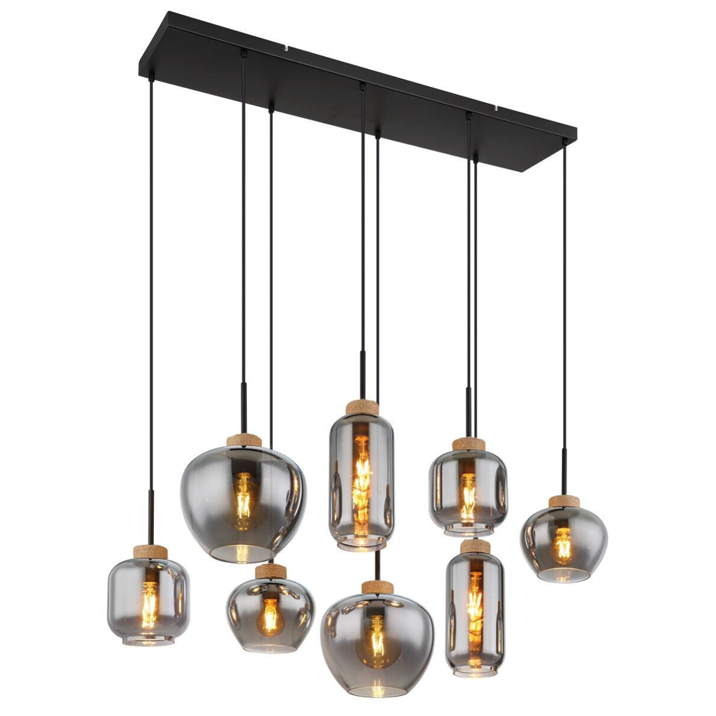 GLOBO Pendelleuchte schwarz natur Metall Hanfseil B/H/T: ca. 40x120x105 cm E27 8 Brennstellen