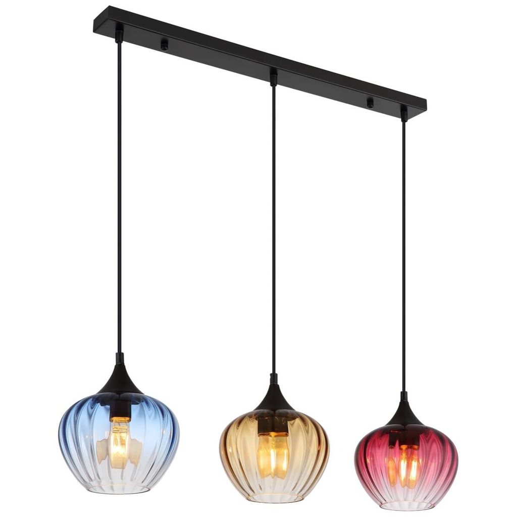 GLOBO Pendelleuchte SANDER 15748-3H schwarz blau Metall Glas B/H/L: ca. 18x150x80 cm E27 3 Brennstellen