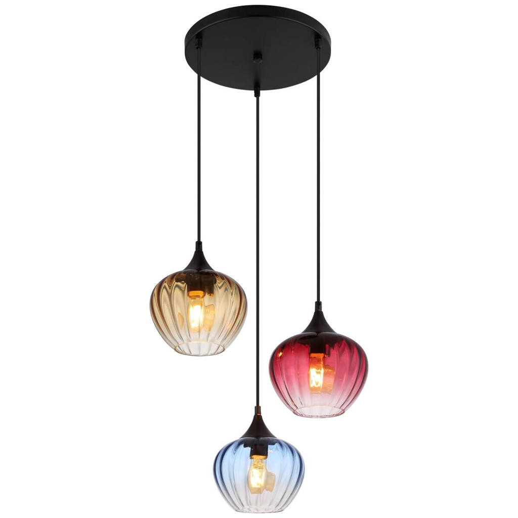 GLOBO Pendelleuchte SANDER 15748-3HR blau schwarz Glas Metall H/D: ca. 150x45 cm E27 3 Brennstellen