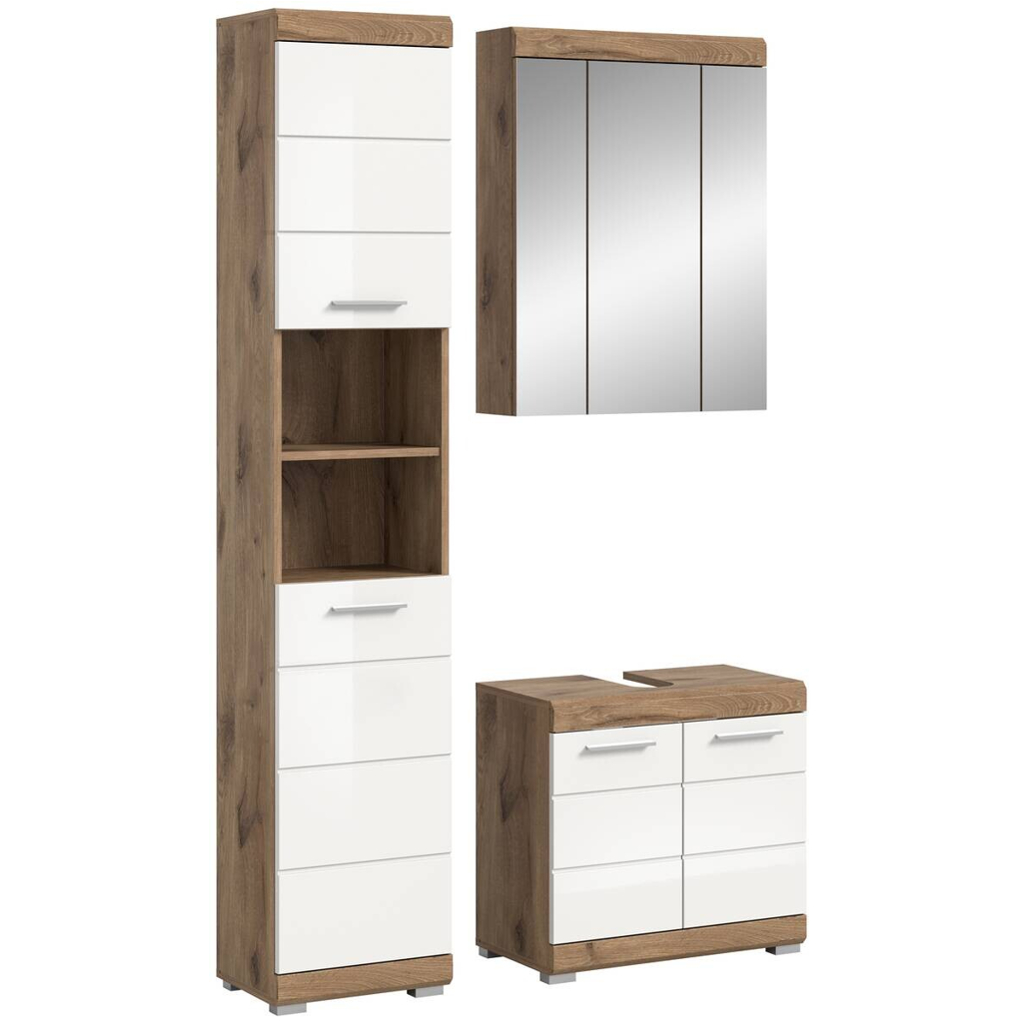 Badezimmer-Set Wave weiß Hochglanz Nox Oak Nachbildung B/H/T: ca. 112x191x34 cm