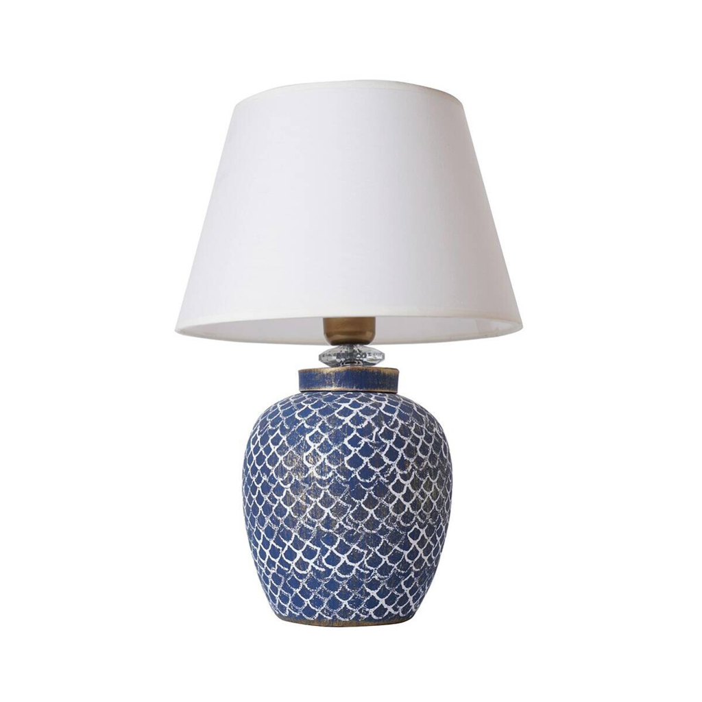 Opviq Tischleuchte weiß blau Stoff Keramik B/H/T/L/D: ca. 30x45x30x30x30 cm E27 1 Brennstellen