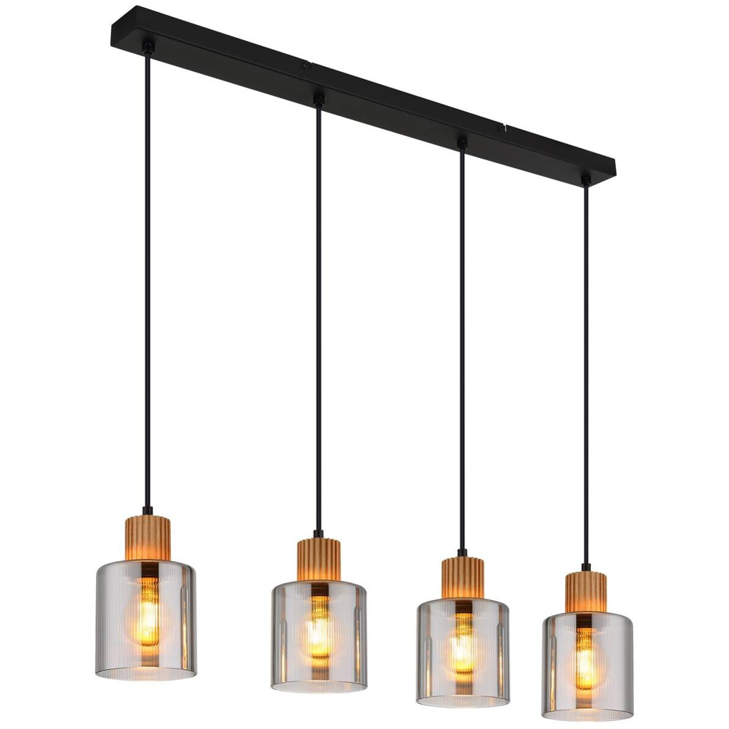 GLOBO Pendelleuchte Aleidis Rauch schwarz dunkelbraun Glas Metall Holz B/H/L: ca. 12x120x78 cm E27 4 Brennstellen