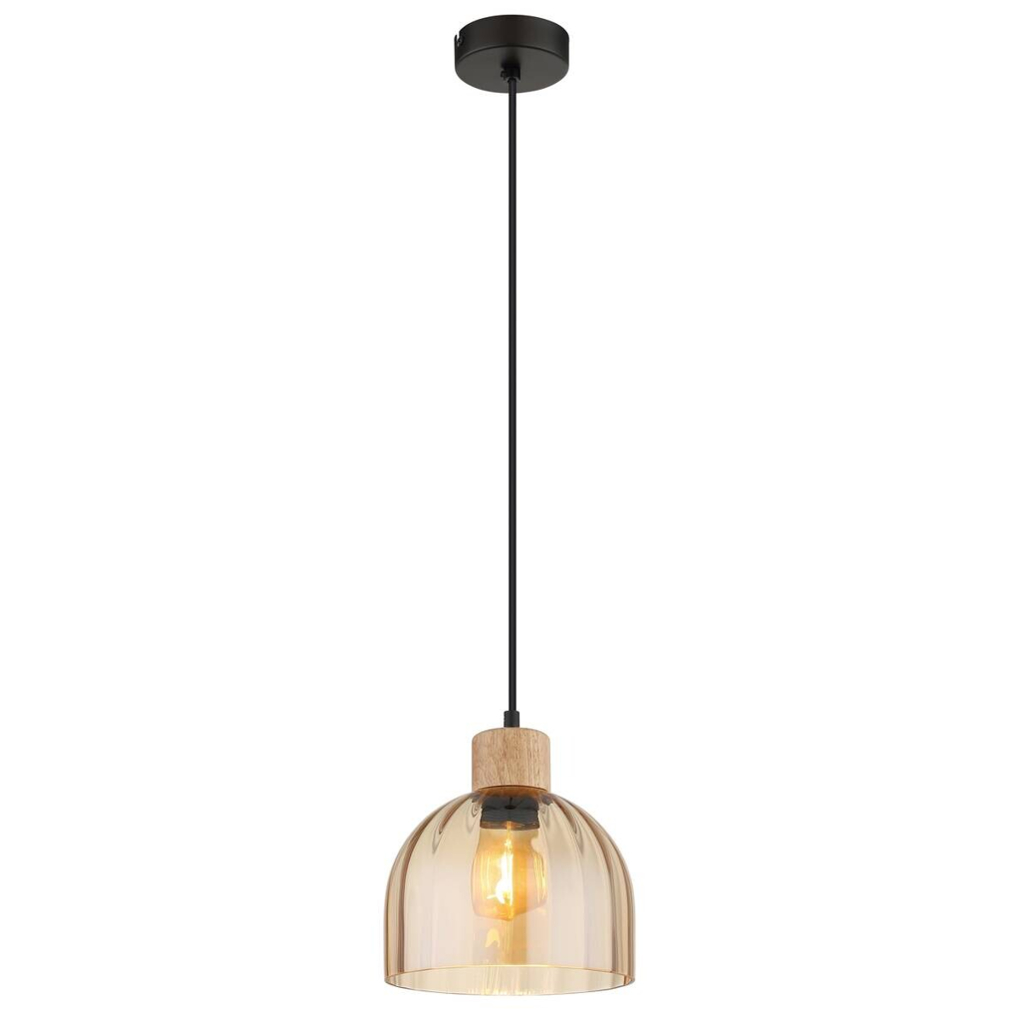 GLOBO Pendelleuchte schwarz amber Metall Glas H/D: ca. 120x20 cm E27 1 Brennstellen