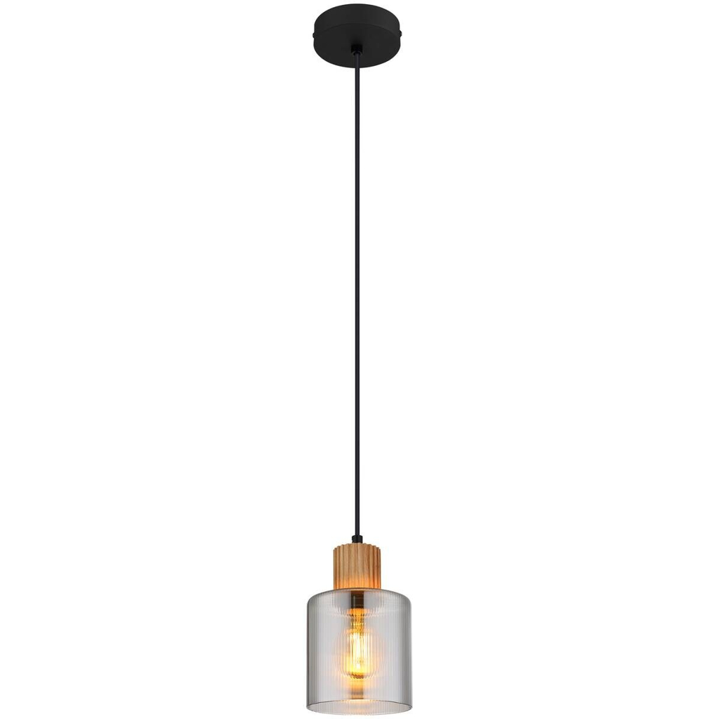 GLOBO Pendelleuchte schwarz Rauch dunkelbraun Glas Metall Holz H/D: ca. 120x12 cm E27 1 Brennstellen