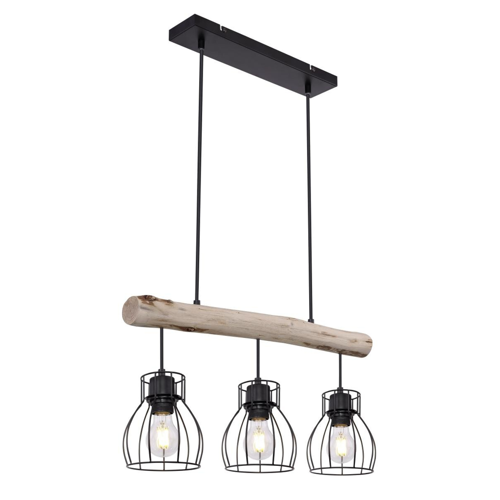 GLOBO Pendelleuchte Mina natur schwarz Holz Metall B/H: ca. 60x140 cm E27 3 Brennstellen
