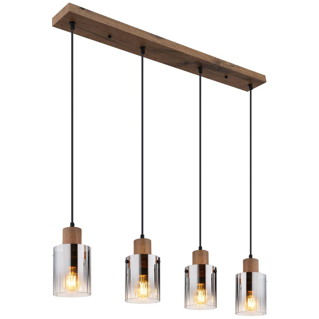 GLOBO Pendelleuchte UNDERWOOD 15915-4H dunkelbraun klar Rauch MDF Kunststoff Glas B/H/L: ca. 105x120x12 cm E27 4 Brennstellen