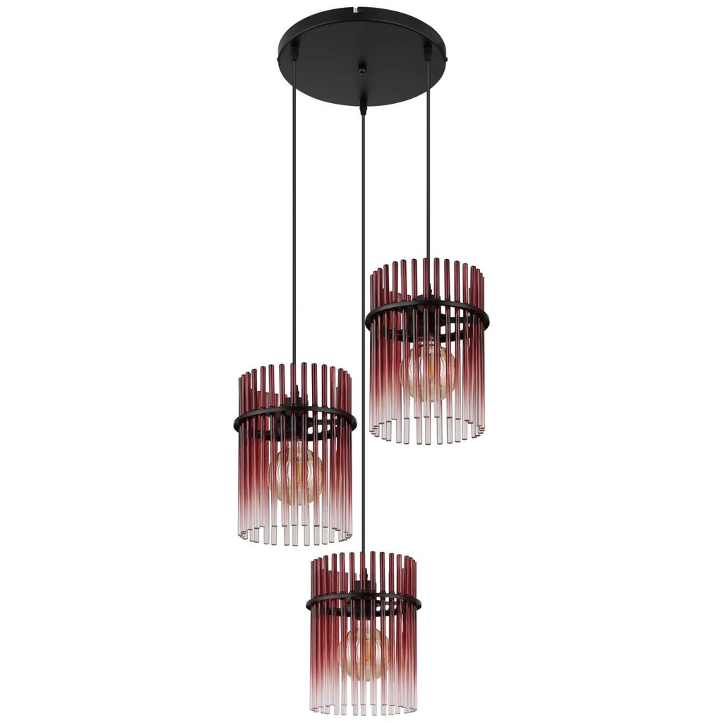 GLOBO Pendelleuchte Gorley schwarz rot Metall Glas H/D: ca. 140x47 cm E27 3 Brennstellen
