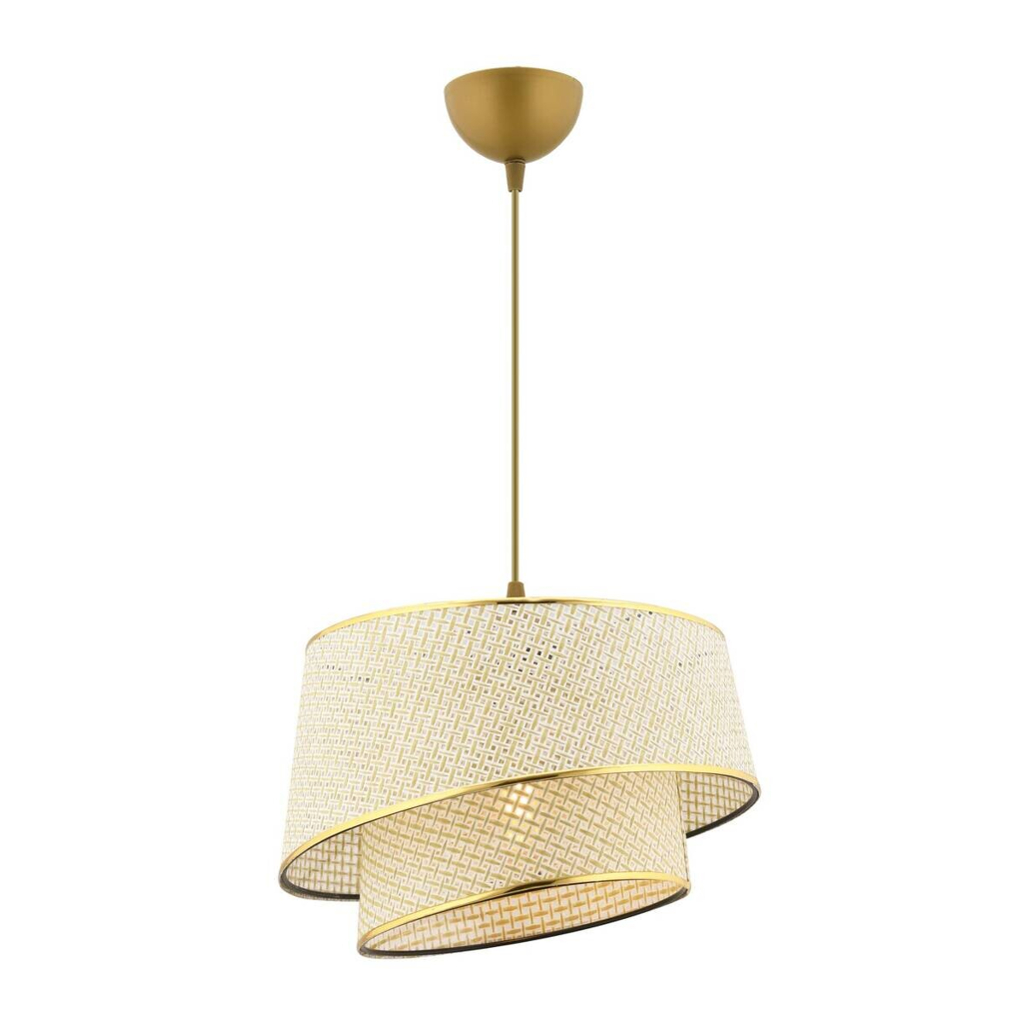 Opviq Pendelleuchte Barette gold creme Stoff Metall B/H/L: ca. 32x65x32 cm E27 1 Brennstellen