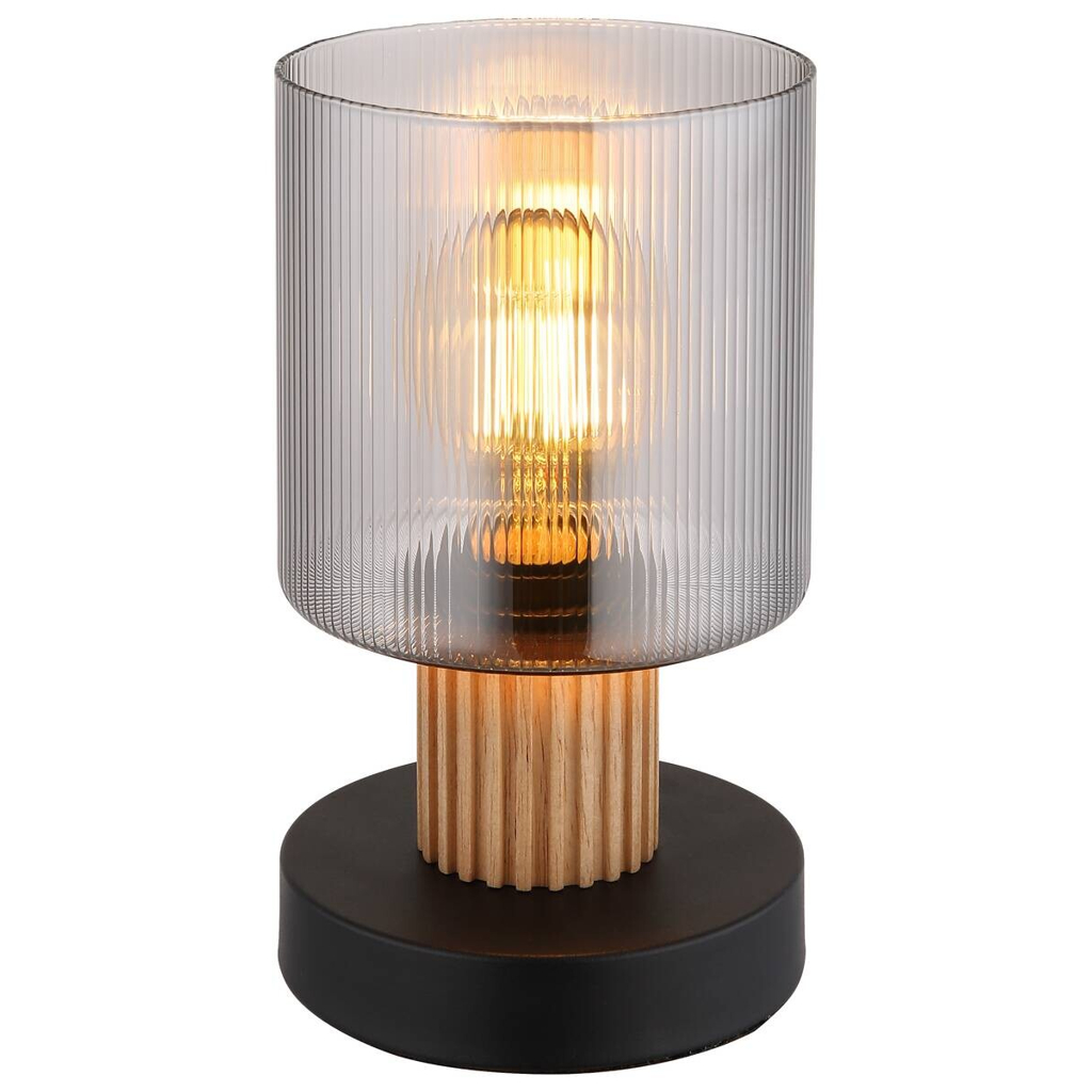 GLOBO Tischleuchte schwarz Rauch dunkelbraun Glas Holz Metall H/D: ca. 21x12 cm E27 1 Brennstellen