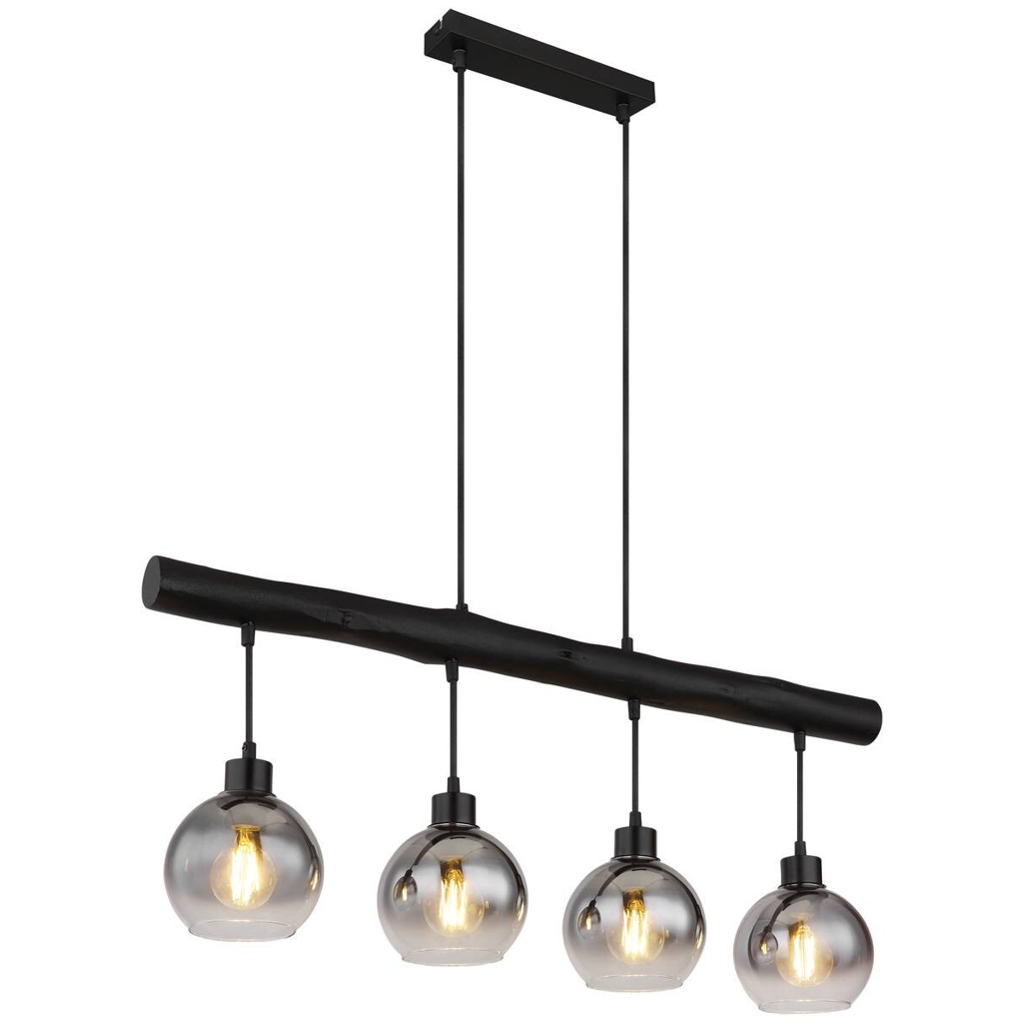 GLOBO Pendelleuchte 15656-4HB schwarz klar Rauch Metall Glas Holz B/H/L: ca. 15x120x85 cm E27 1 Brennstellen