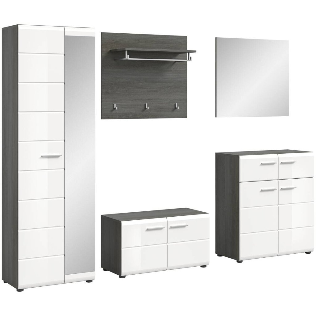 Garderobe SALSA Eiche Rauchsilber Nachbildung weiß Hochglanz B/H/T: ca. 250x192x37 cm