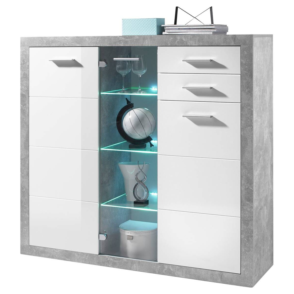 Highboard Stone Beton Optik weiß glänzend B/H/T: ca. 137x134x37 cm