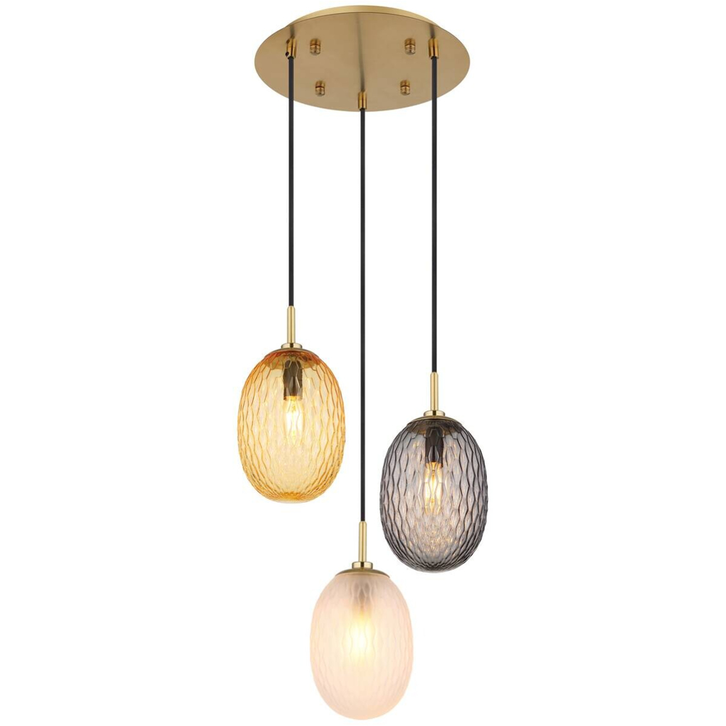 GLOBO Pendelleuchte schwarz gold amber Glas Metall Textil H/D: ca. 120x36 cm E14 3 Brennstellen