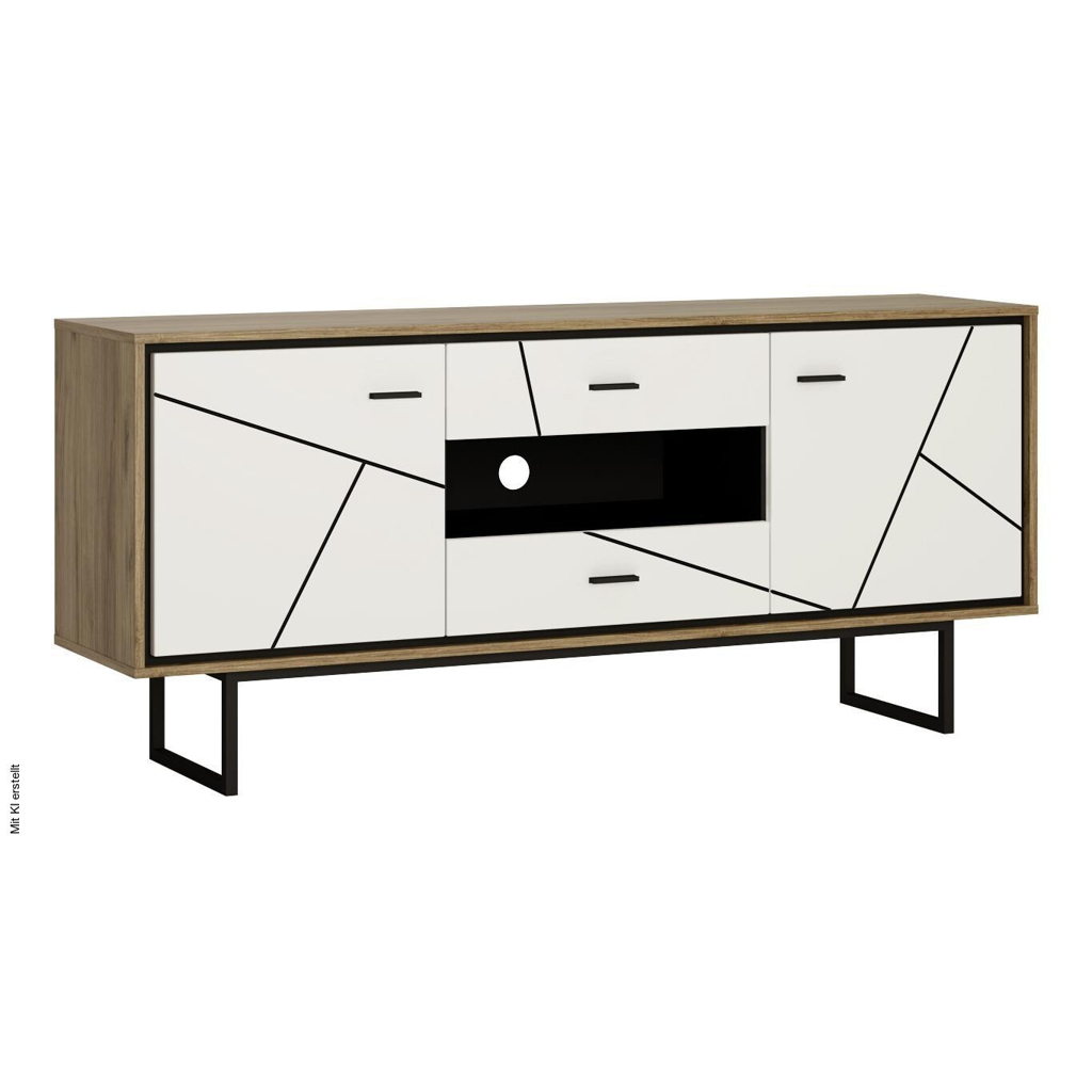 TV-Lowboard Brolo Eiche Cleveland Nachbildung weiß Hochglanz schwarz B/H/T: ca. 167x75x40 cm