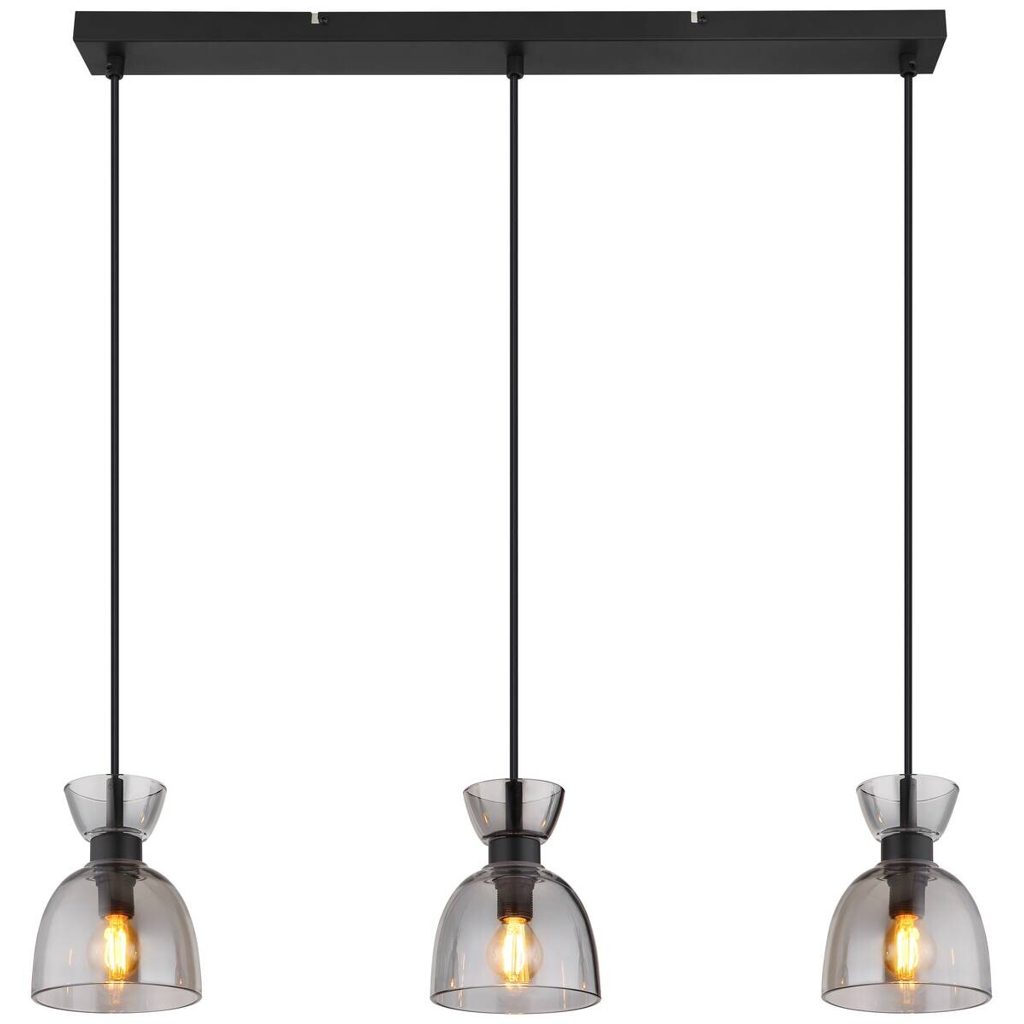 GLOBO Pendelleuchte schwarz Rauch mattschwarz Metall Glas B/H: ca. 65x120 cm E14 3 Brennstellen