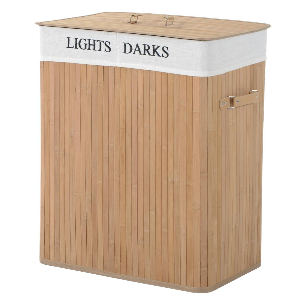 HOMCOM Wäschekorb mit 2 Tragegriffen natur Bambus Stoff Kunststoff B/H/L: ca. 32x63x52 cm