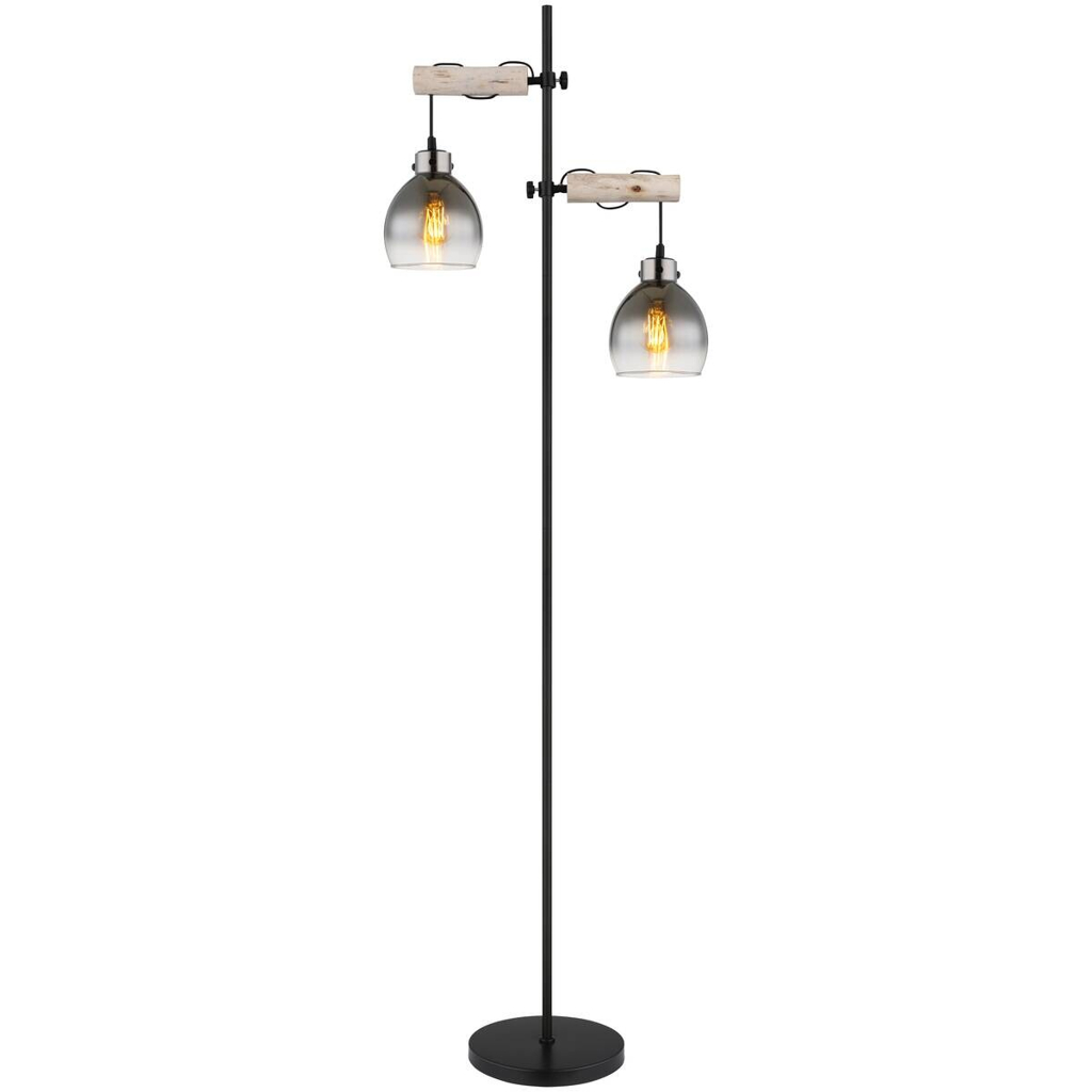 GLOBO Stehlampe Rauch natur schwarz Glas Holz Metall B/H/T: ca. 25x168x48 cm E27 2 Brennstellen