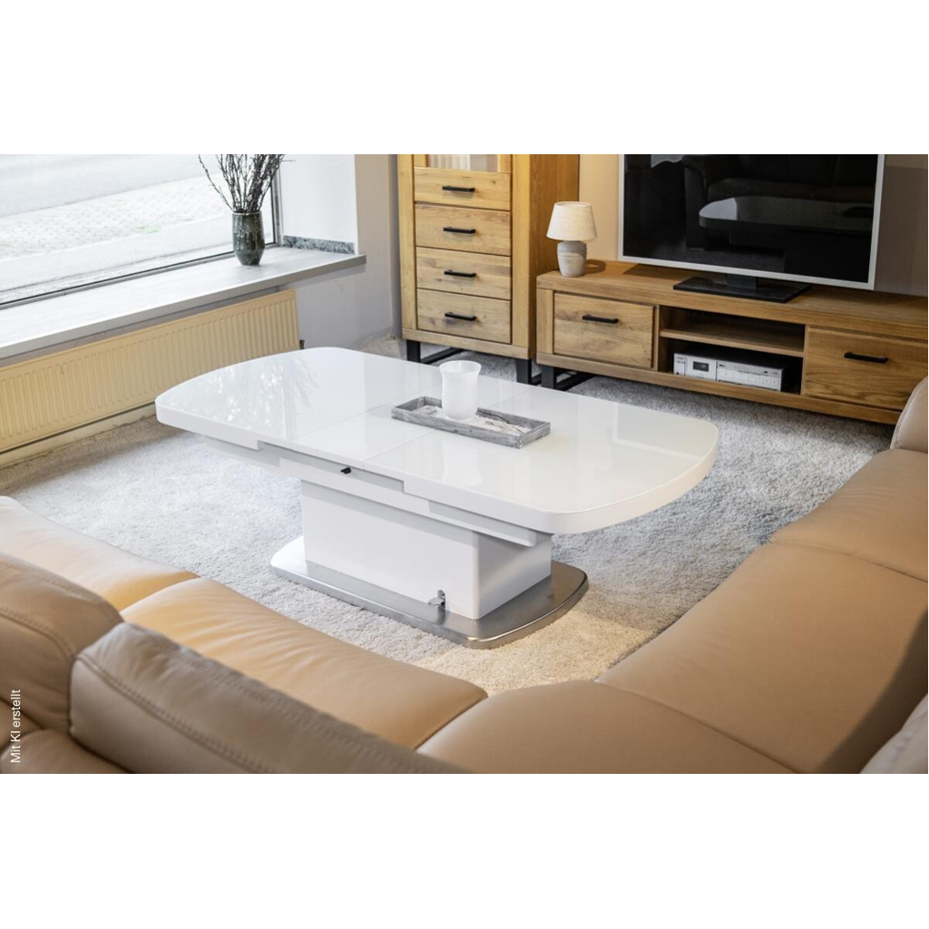 Preisvergleich für Couchtisch Levi weiß Hochglanz lackiert B/H/T: ca. 135x50x75 cm