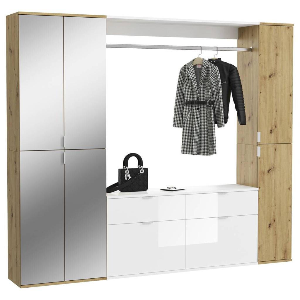 Garderobe PROJEKT Eiche Artisan Nachbildung weiß Hochglanz Spiegel B/H/T: ca. 212x193x34 cm