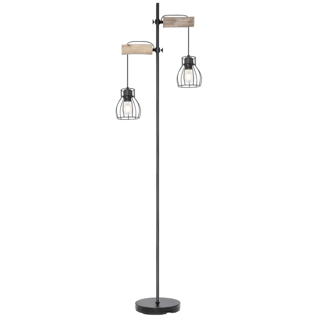 GLOBO Stehlampe Mina schwarz Metall Echtholz B/H/L: ca. 25x168x47 cm E27 2 Brennstellen