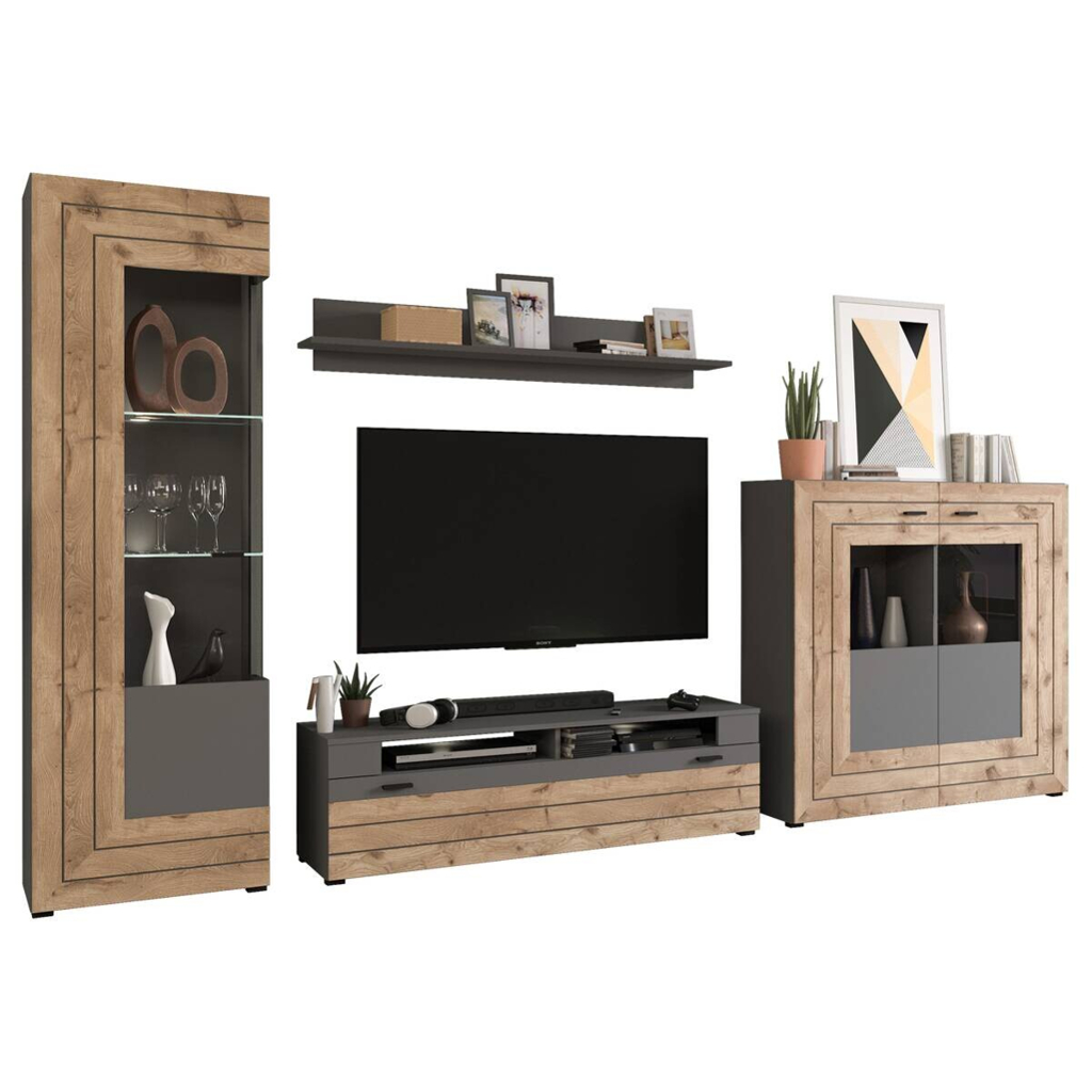 Wohnwand Freno grau matt Eiche Nox Oak Nachbildung B/H/T: ca. 350x195x40 cm