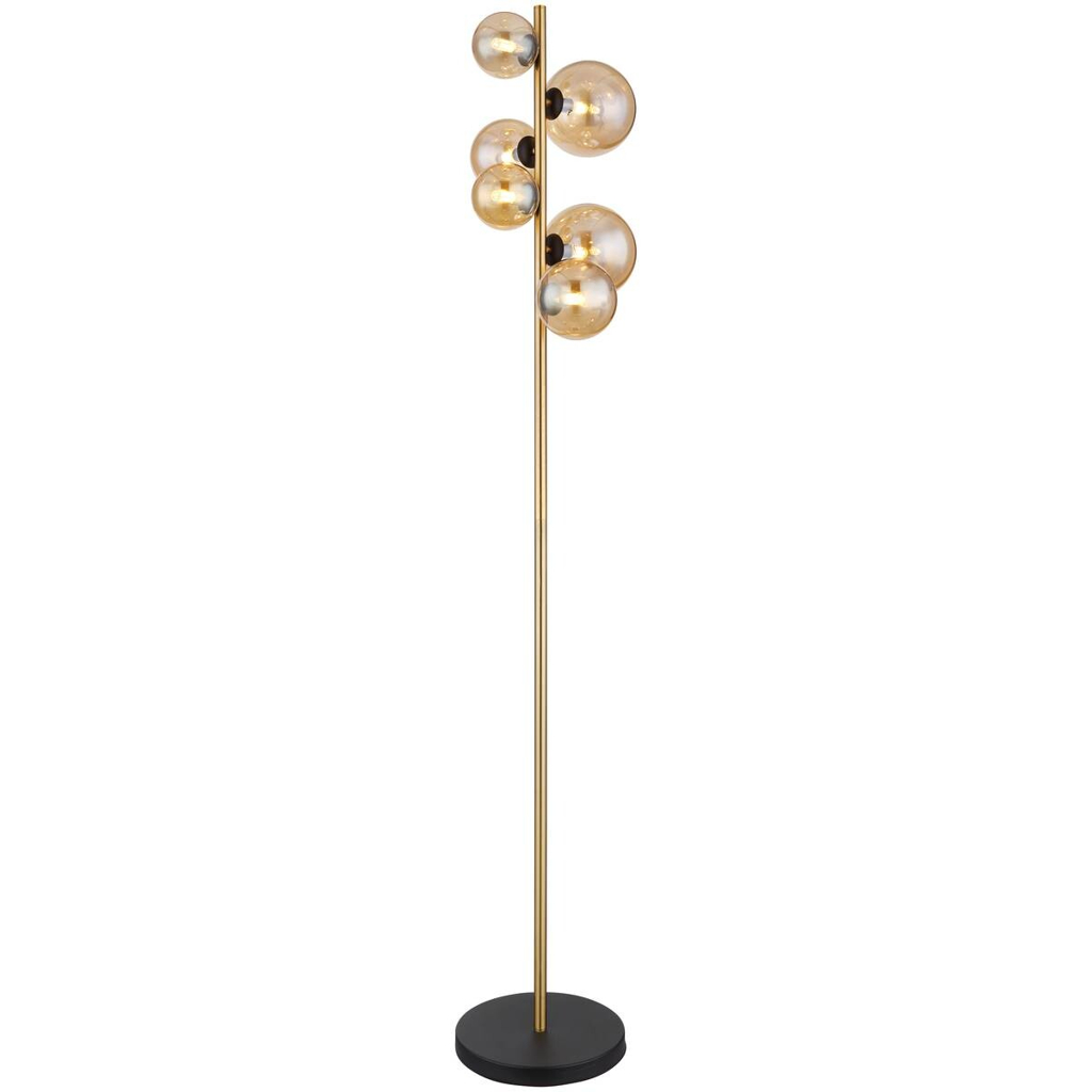 GLOBO Stehlampe RIHA schwarz amber messing Glas Metall B/H/L: ca. 26,5x155x28,5 cm G9 6 Brennstellen