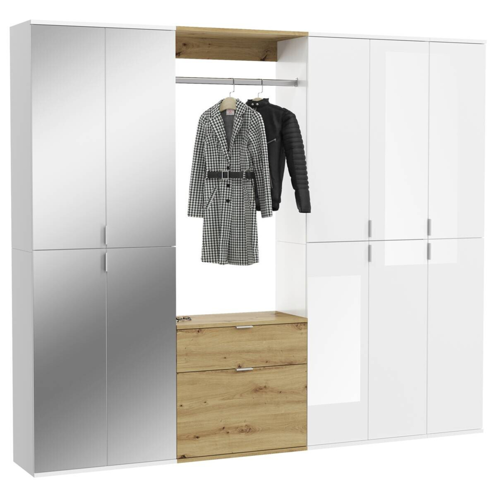Garderobe PROJEKT Eiche Artisan Nachbildung weiß Hochglanz Spiegel B/H/T: ca. 213x193x34 cm