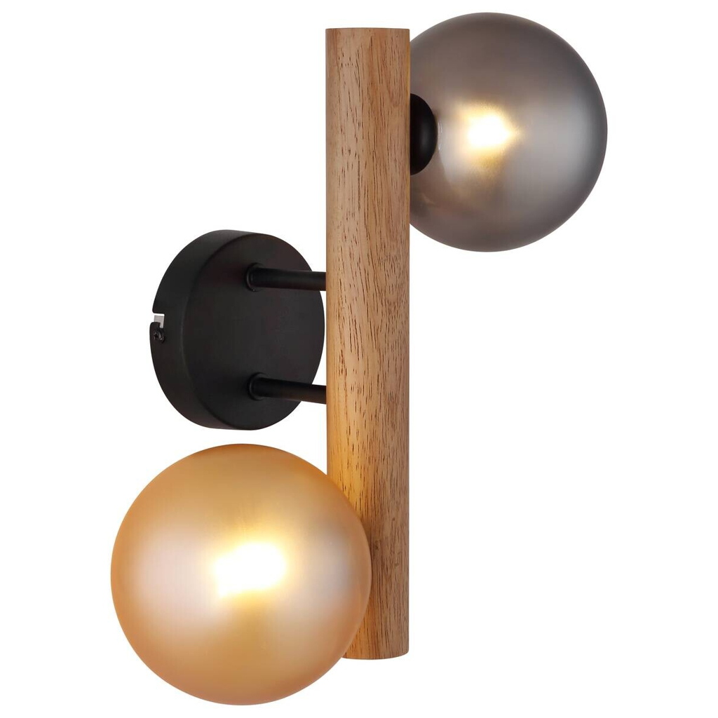 GLOBO LED-Wandleuchte Rauch dunkelbraun amber Metall Holz Glas H/L: ca. 16,5x32 cm 2 Brennstellen