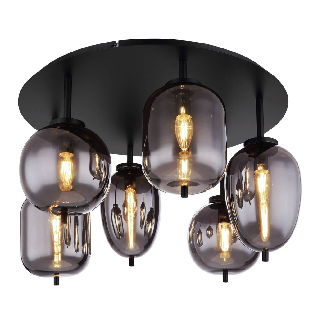GLOBO Deckenleuchte Blacky mattschwarz Metall Rauchglas H/D: ca. 38x65 cm E14 6 Brennstellen