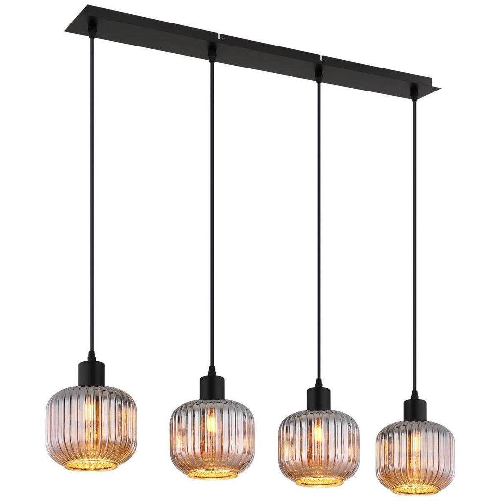 GLOBO Pendelleuchte Tom schwarz Rauch Metall Glas B/H/L: ca. 80,8x120x15 cm E14 4 Brennstellen