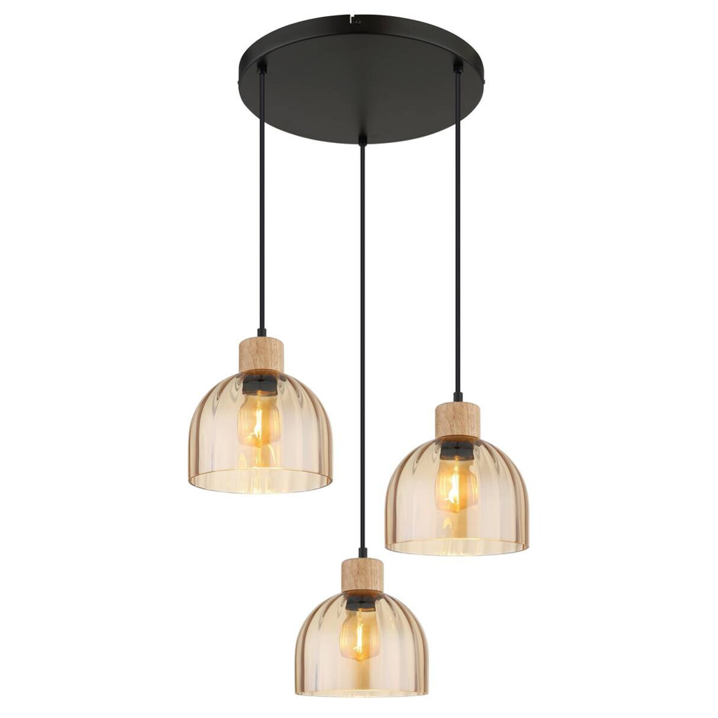 GLOBO Pendelleuchte schwarz amber Glas Metall H/D: ca. 130x40 cm E27 3 Brennstellen
