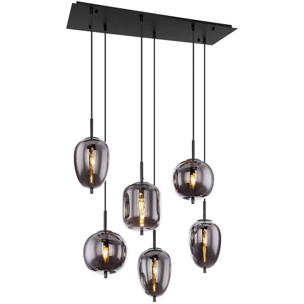 GLOBO Pendelleuchte Blacky schwarz Rauch Metall Rauchglas B/H/L: ca. 34x120x80 cm E14 6 Brennstellen