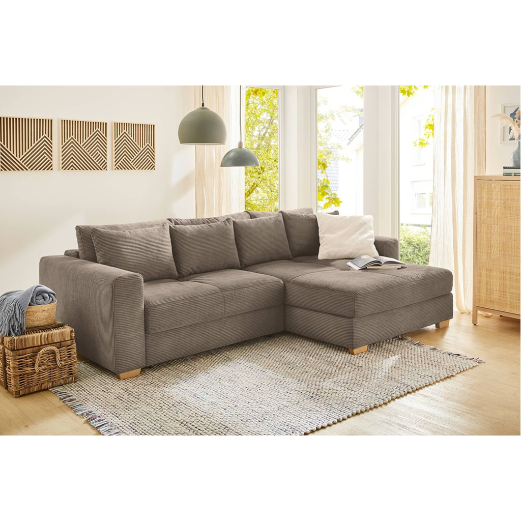 Ecksofa mit Bettfunktion und Bettkasten taupe Velourstoff B/H/T: ca. 288x86x186 cm
