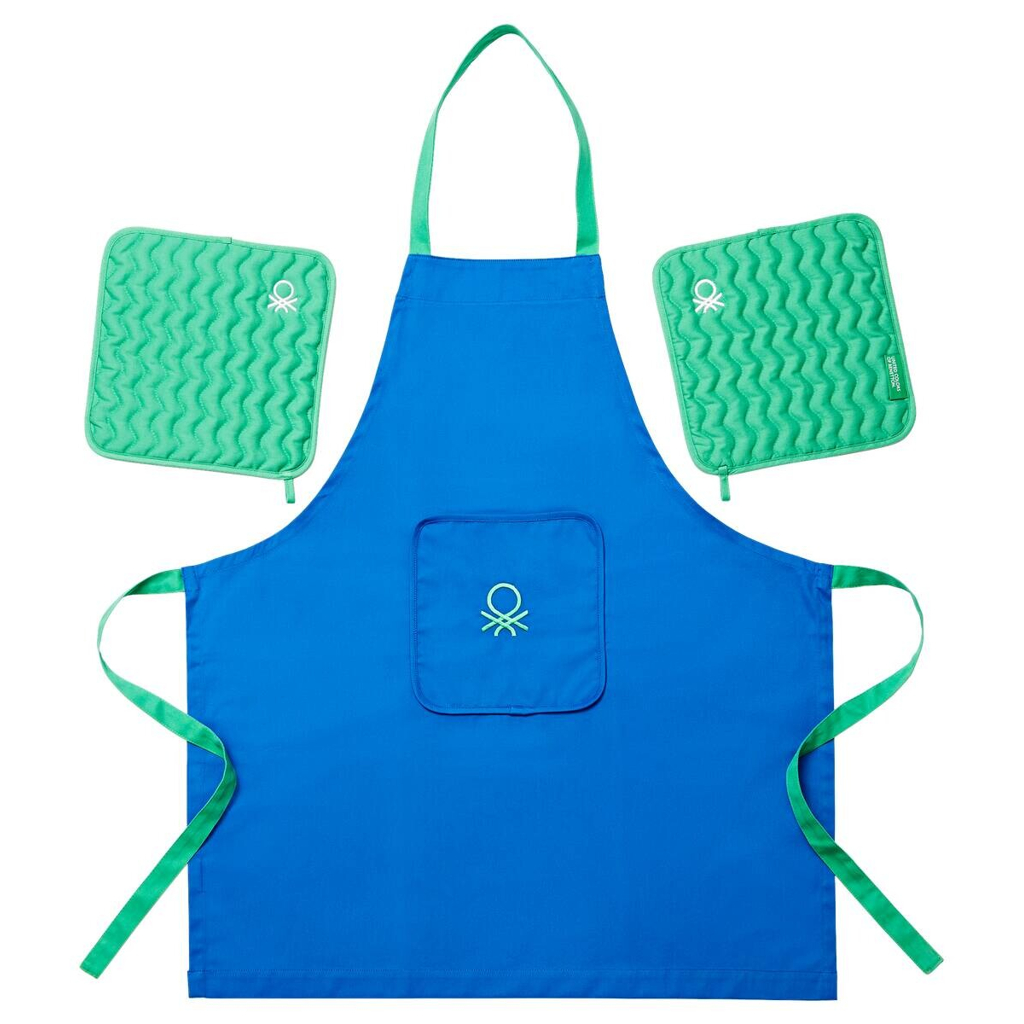 BENETTON Schürze- und Topflappen-Set Rainbow blau Baumwolle
