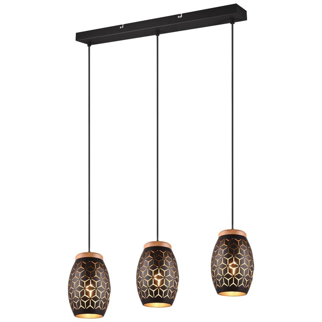 Reality Pendelleuchte Bidar schwarz gold Metall Holz B/H/L/D: ca. 71x150x15x15 cm E27 3 Brennstellen